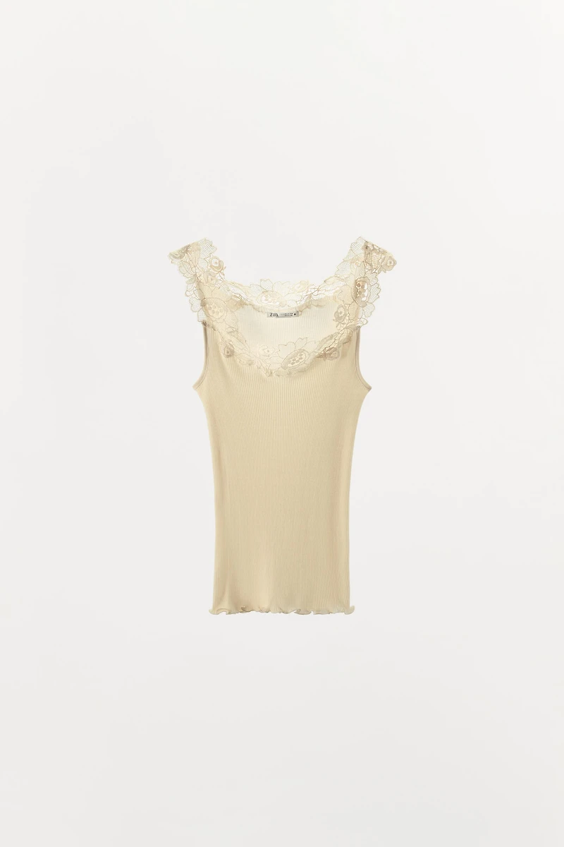 RIB KNIT LACE TOP