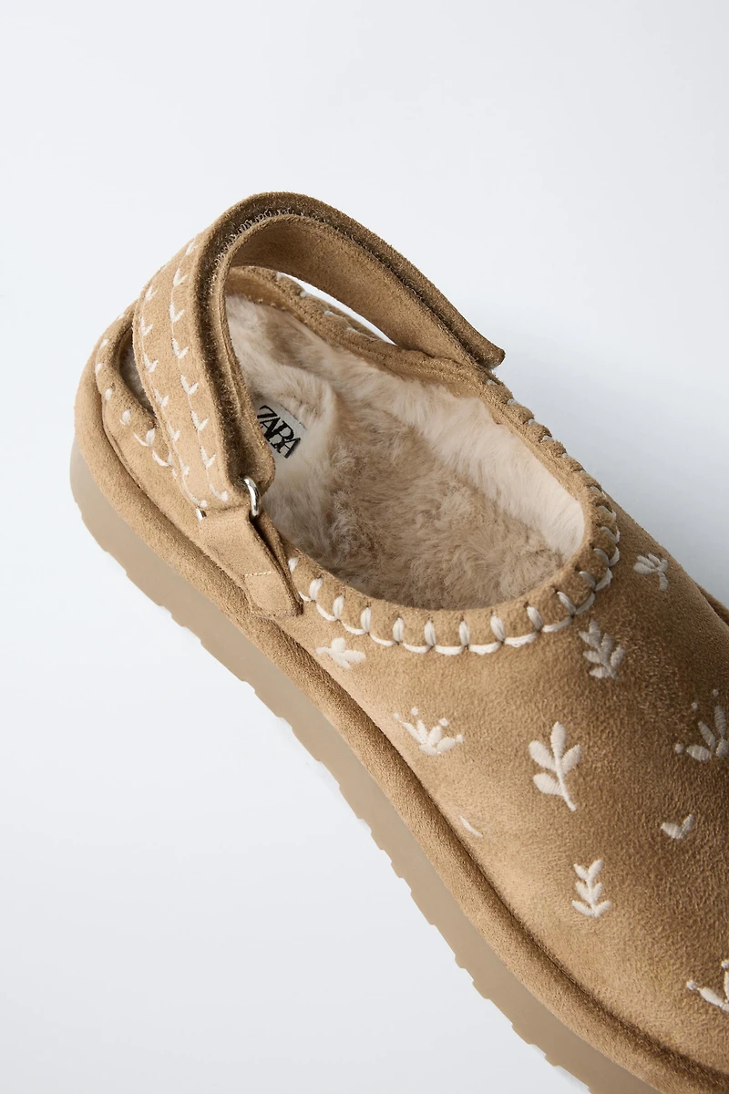 EMBROIDERED FAUX FUR CLOGS