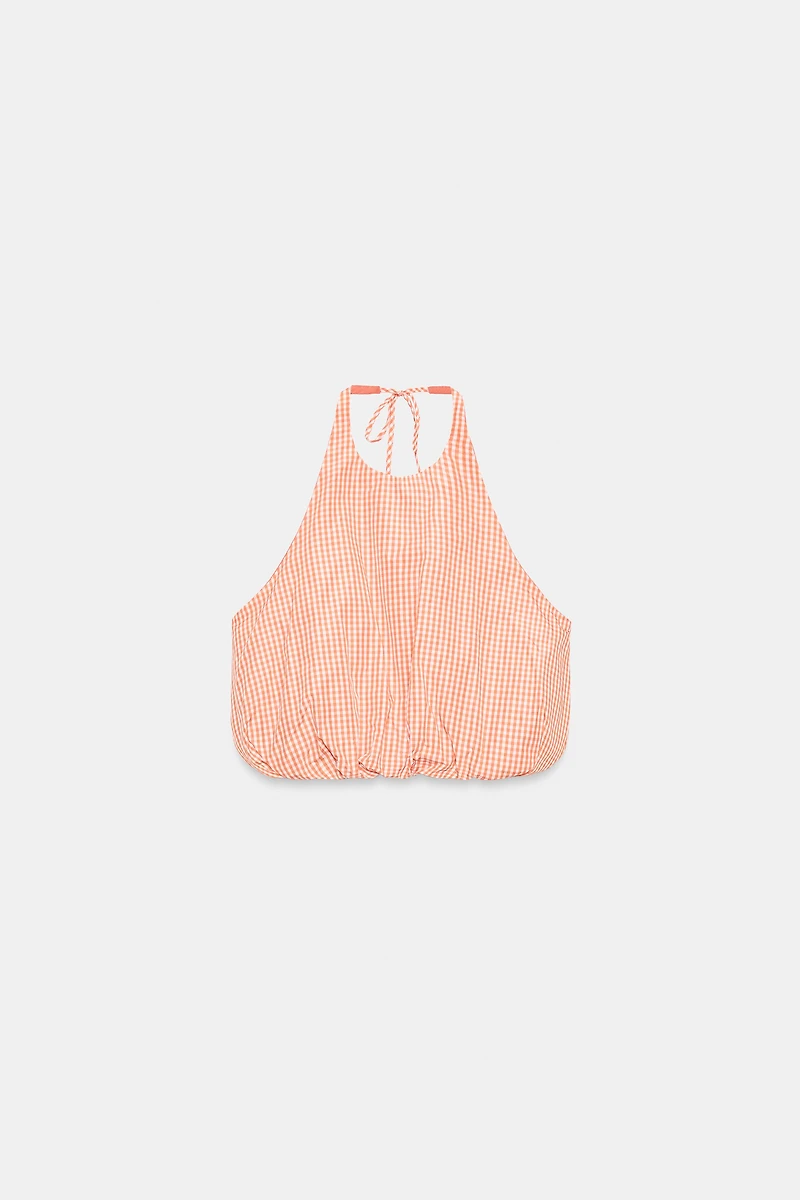 GINGHAM BALLOON HALTER TOP