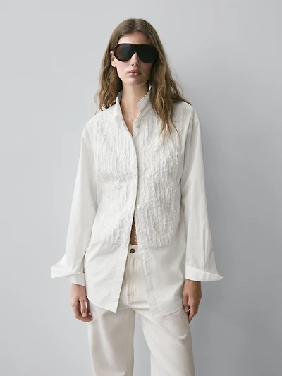 Bib front shirt with embroidered detail