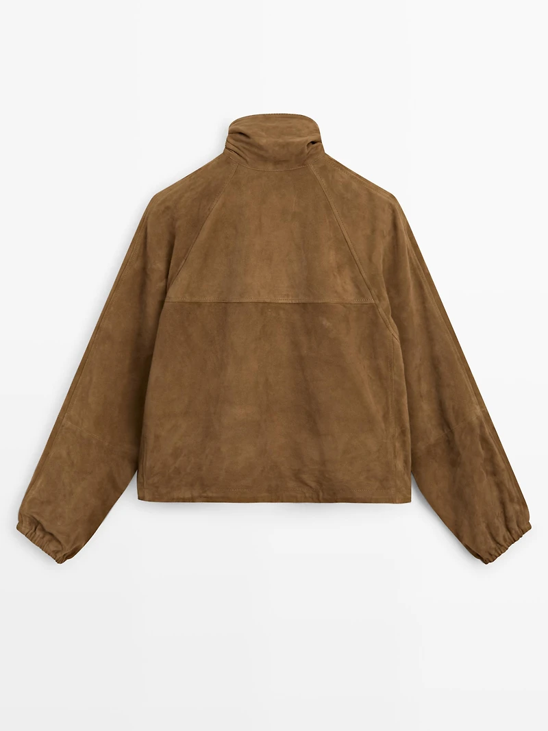 Short suede leather bomber jacket