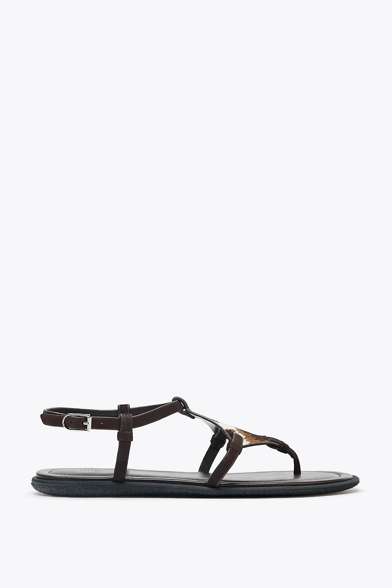 ANIMAL PRINT FURRY LEATHER SANDALS