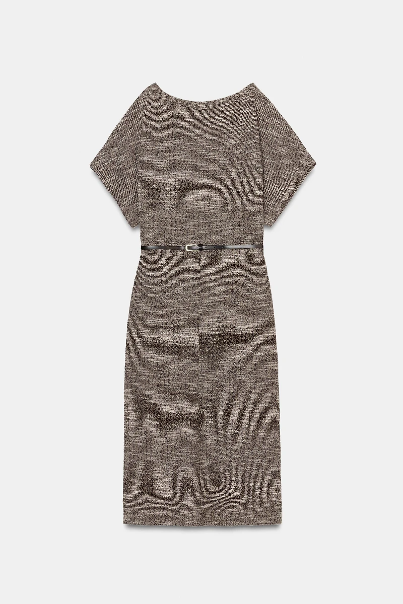 TEXTURED BELTED MIDI DRESS