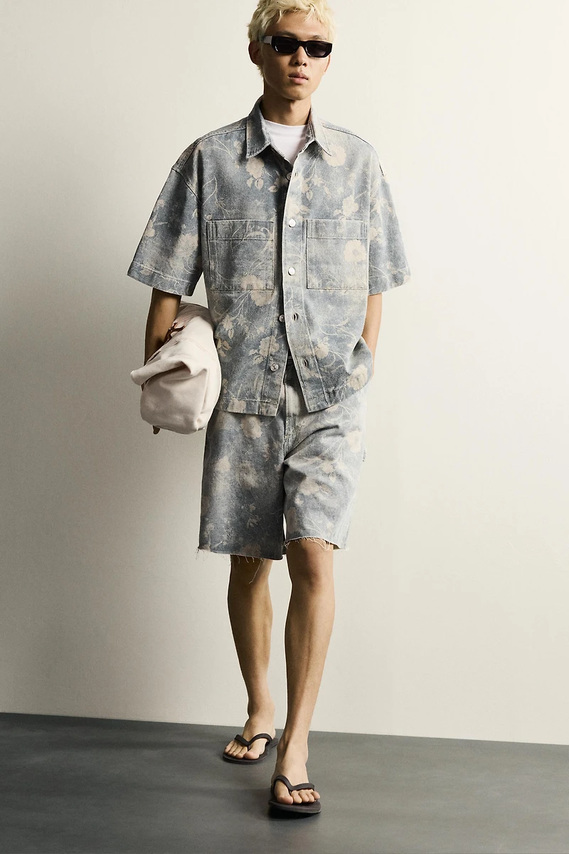WASHED FLORAL PRINT RELAXED FIT SHORTS