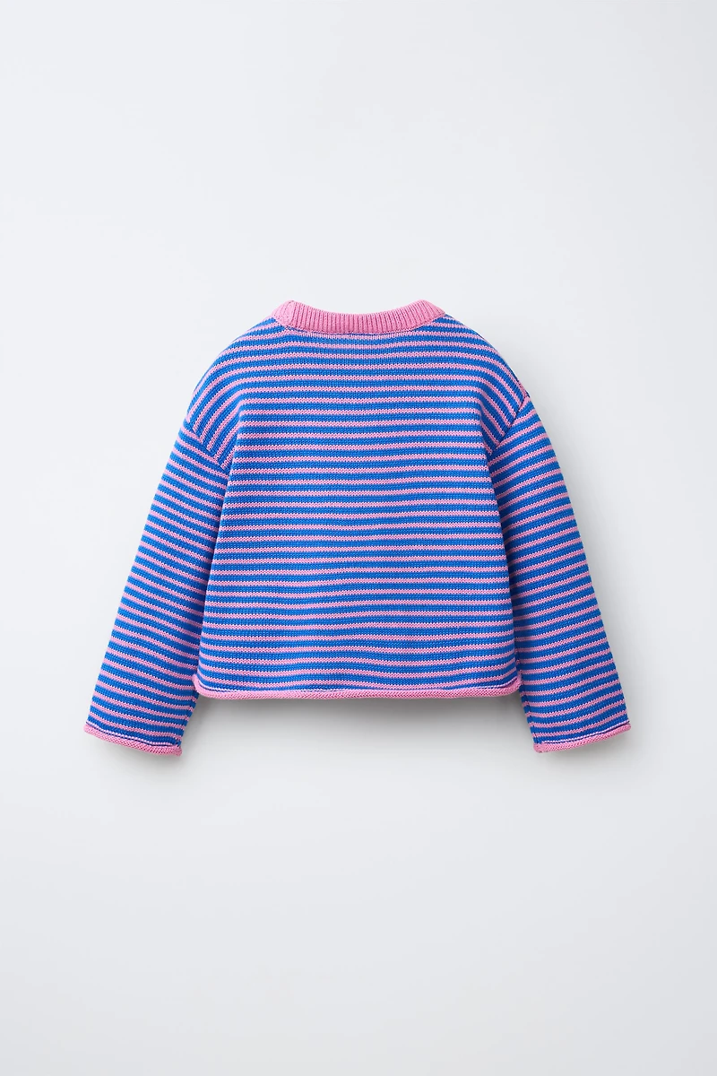STRIPED EMBROIDERED HEART KNIT SWEATER
