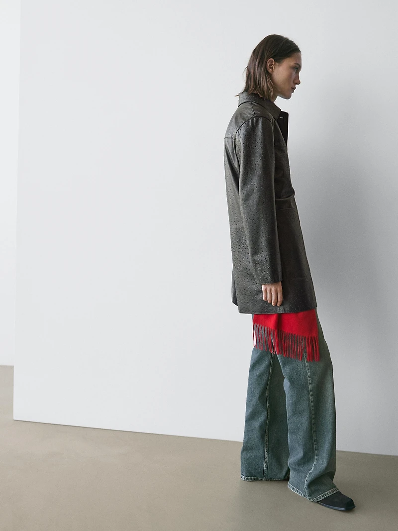 Manteau long en cuir nappa texturé