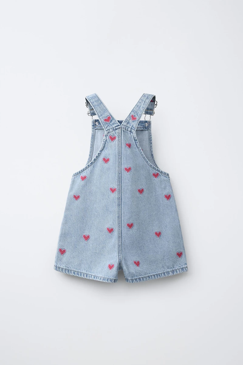 HEART EMBROIDERED DENIM OVERALLS
