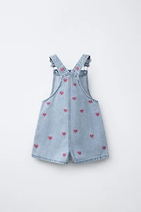 HEART EMBROIDERED DENIM OVERALLS