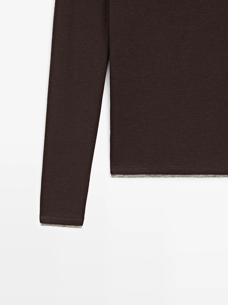Long sleeve T-shirt with double layer trim