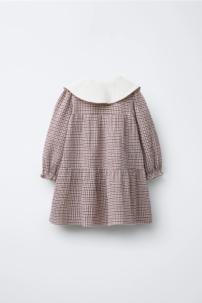EMBROIDERED COLLAR PLAID TEXTURED DRESS