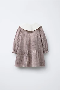 EMBROIDERED COLLAR PLAID TEXTURED DRESS