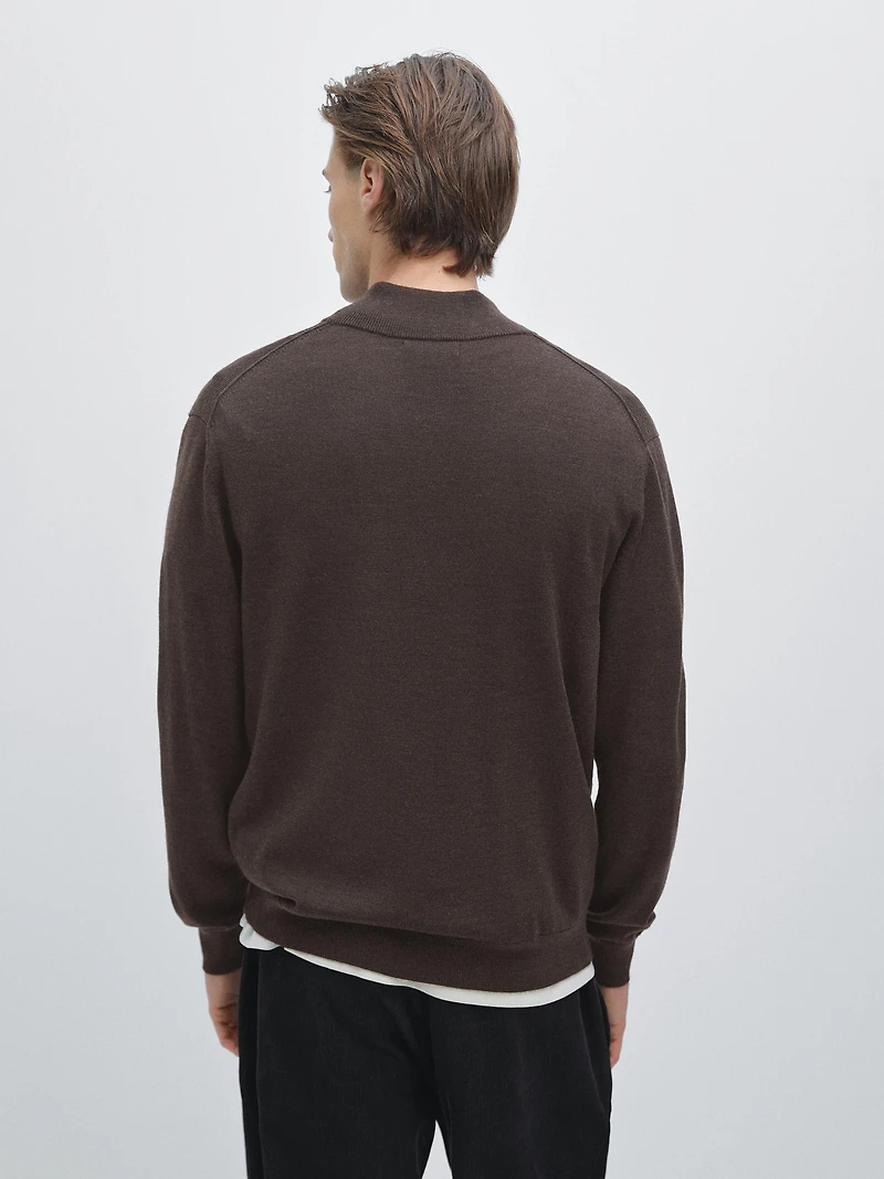 100% wool mock neck sweater with buttons