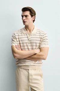 STRIPED LINEN-COTTON KNIT POLO SHIRT