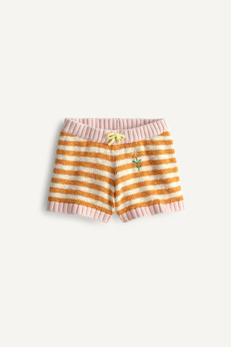 KNIT STRIPED EMBROIDERED FLOWER SHORTS LIMITED EDITION