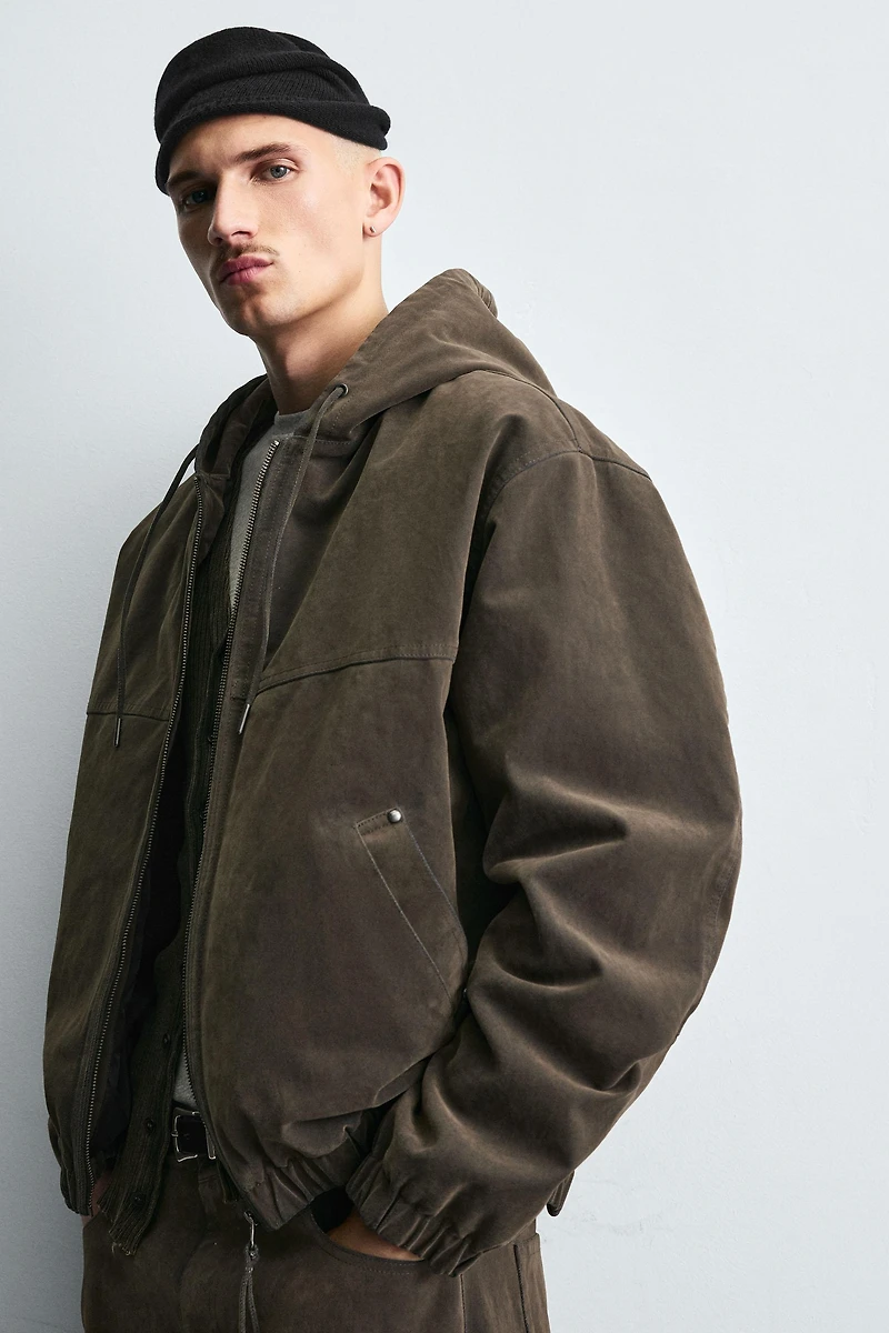VELOUR HOODED PUFFER JACKET