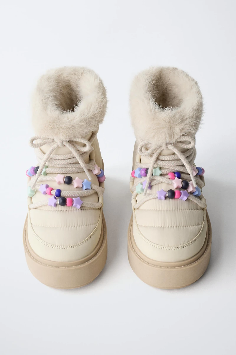 BEADED FAUX FUR ANKLE BOOTS