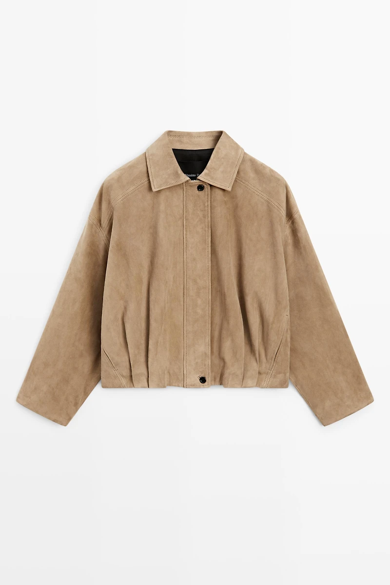 Pleated suede leather bomber jacket