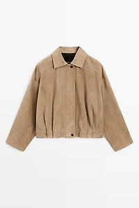 Pleated suede leather bomber jacket
