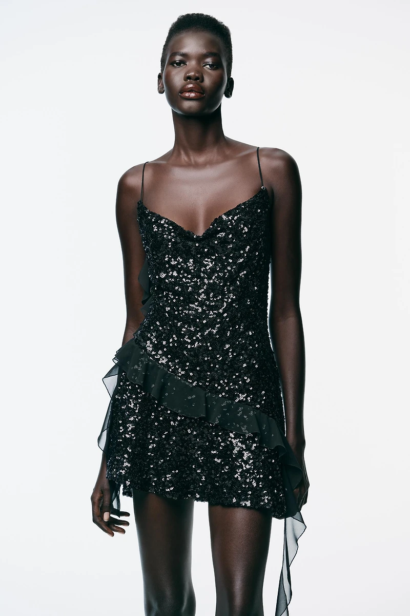 SEQUIN RUFFLE MINI DRESS