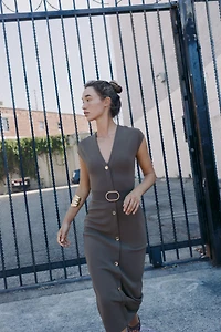 BELTED STRETCH MIDI DRESS