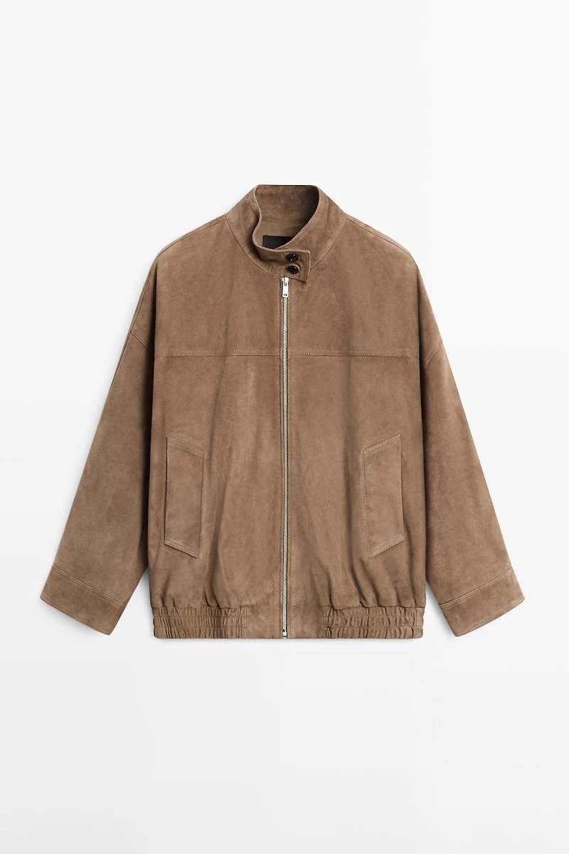 Suede leather bomber jacket with scarf detail