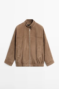 Suede leather bomber jacket with scarf detail