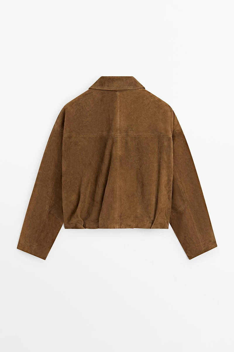 Short suede leather bomber jacket