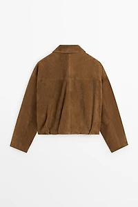Short suede leather bomber jacket