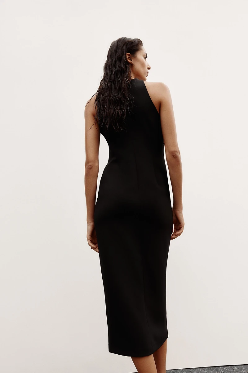 GOLD BUTTON CREPE MIDI DRESS