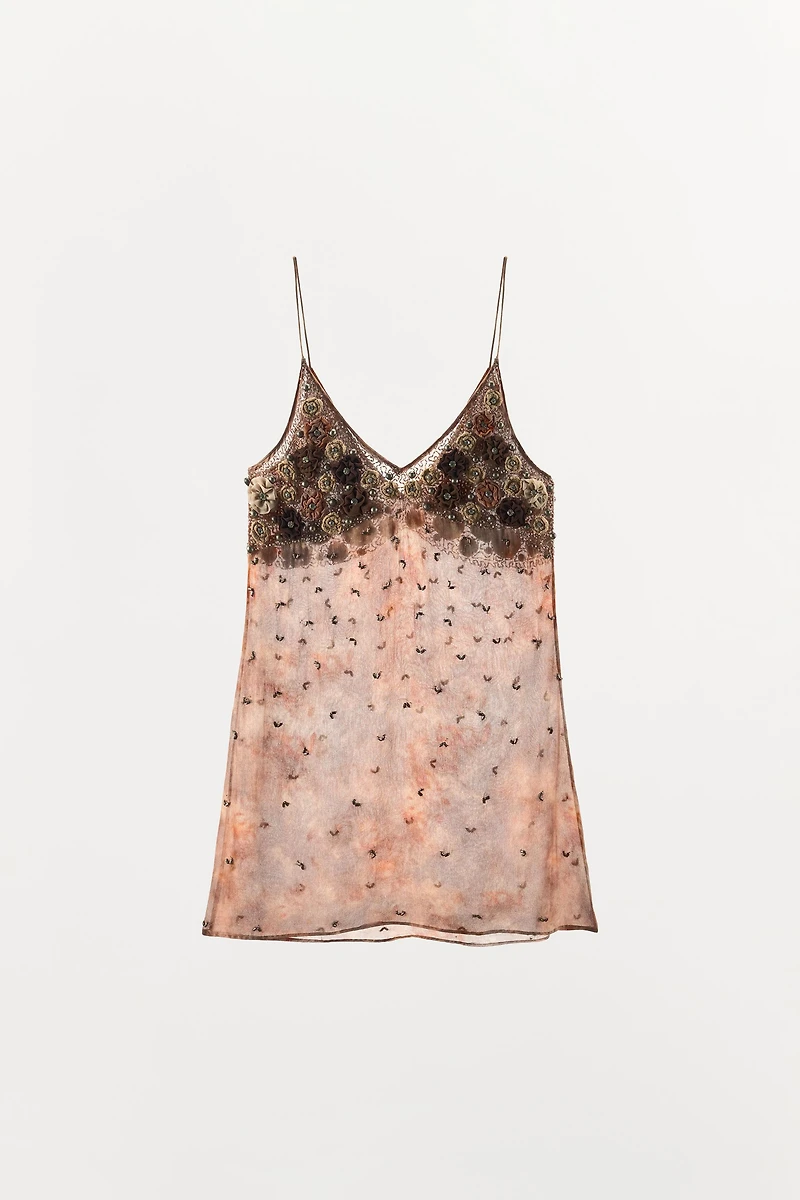 TIE-DYE PRINTED DRESS WITH RAISED FLOWERS