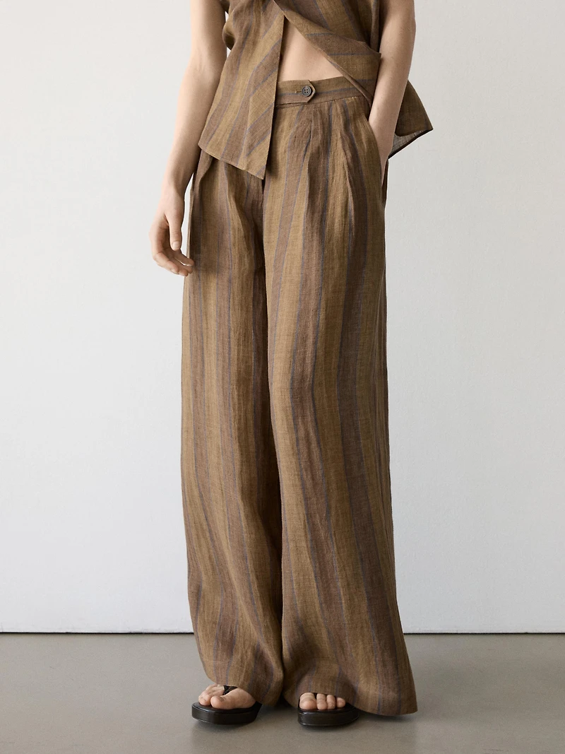 Pantalon large à rayures en lin