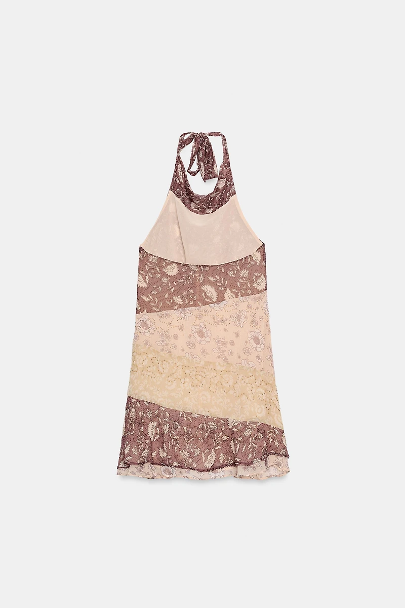 BEADED PRINT HALTER DRESS