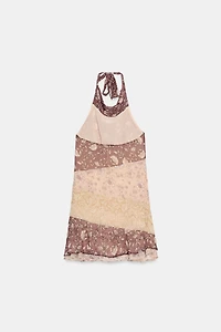BEADED PRINT HALTER DRESS