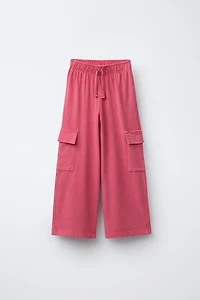 WASHED EFFECT WIDE LEG CARGO PANTS