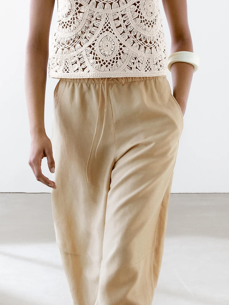 Flowing linen blend barrel fit trousers