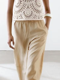 Flowing linen blend barrel fit trousers