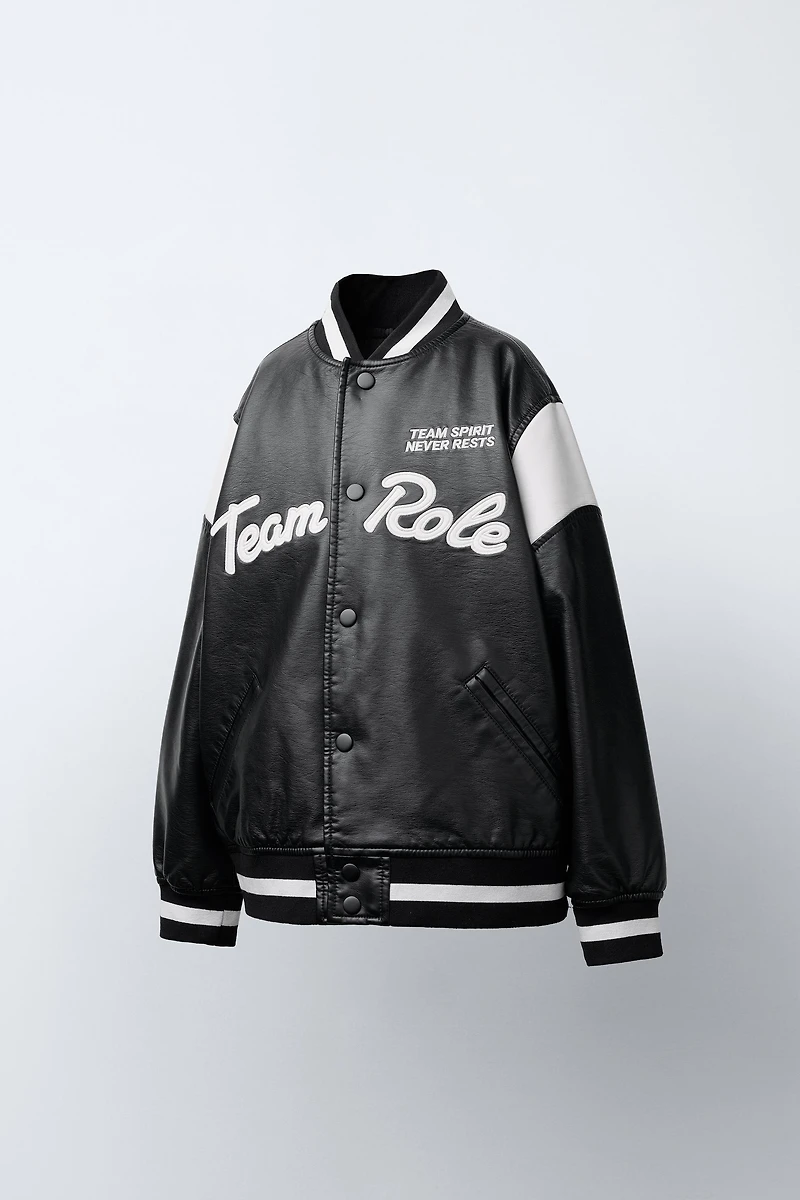 FAUX LEATHER BOMBER JACKET WITH EMBROIDERED TEXT