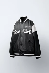 FAUX LEATHER BOMBER JACKET WITH EMBROIDERED TEXT