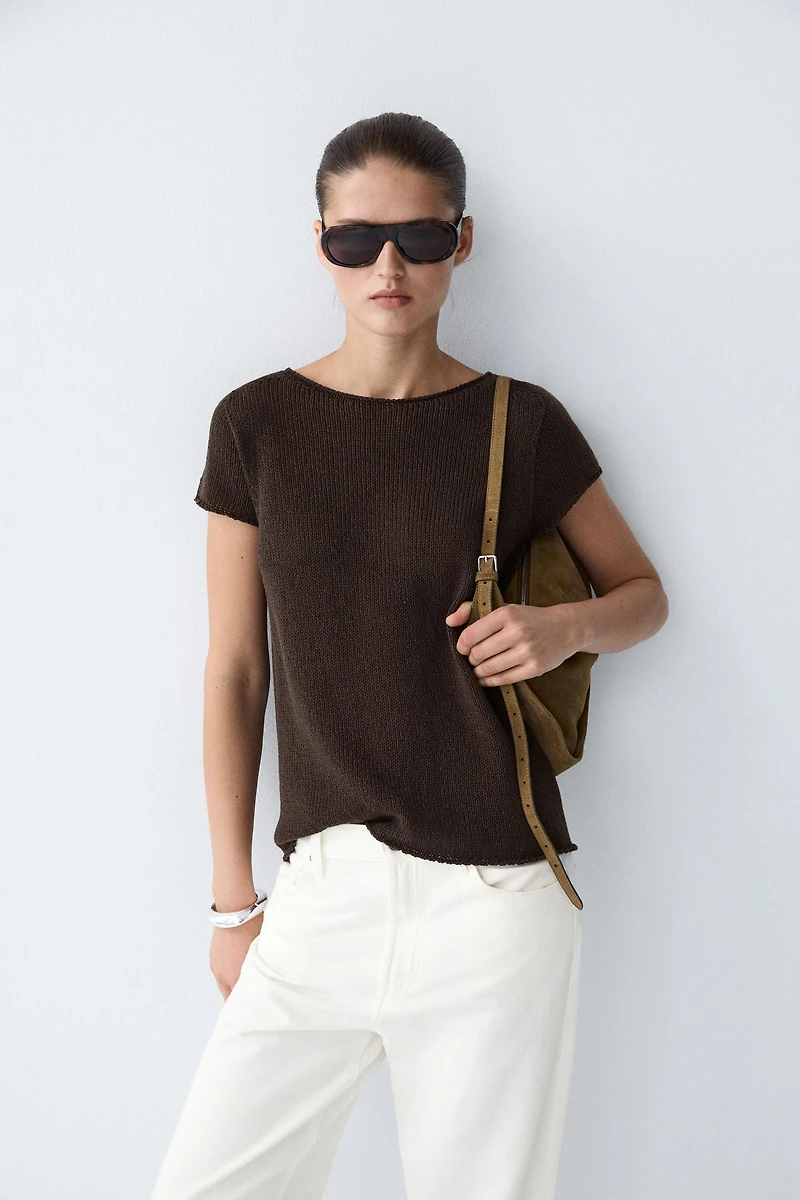 Cotton blend short sleeve knit sweater