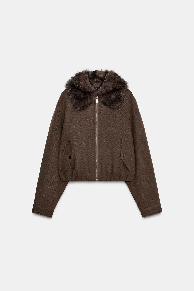 SOFT FAUX FUR COLLAR BOMBER JACKET