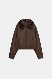 SOFT FAUX FUR COLLAR BOMBER JACKET