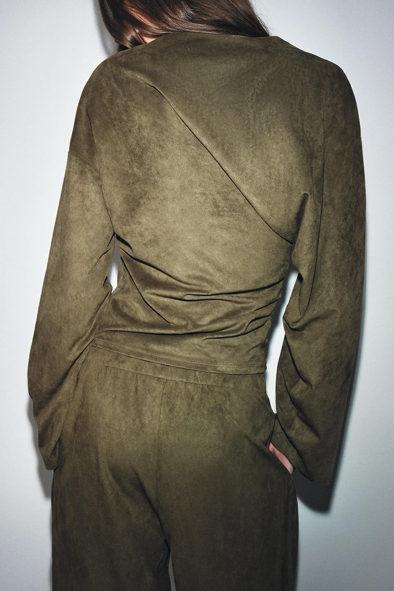 DRAPED FAUX SUEDE TOP