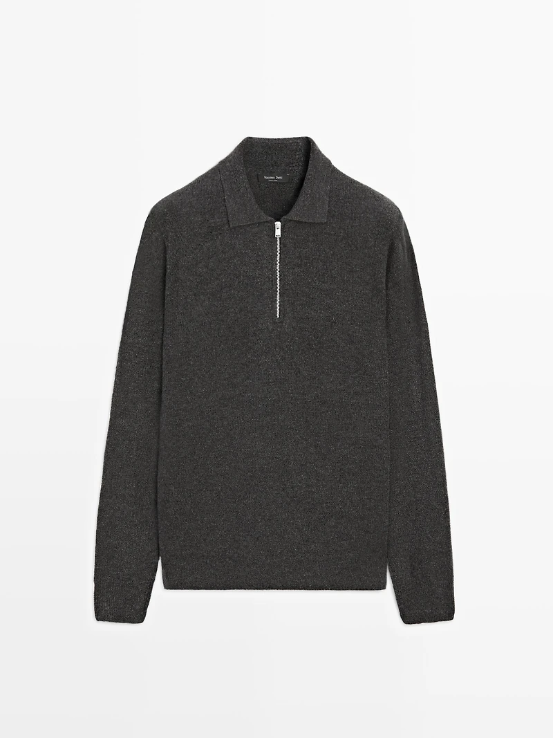 Knit wool blend polo sweater with zip