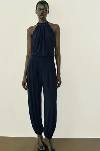 DRAPED HALTER BLOUSE JUMPSUIT