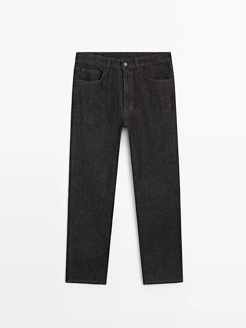 Lightweight tapered fit denim-effect trousers