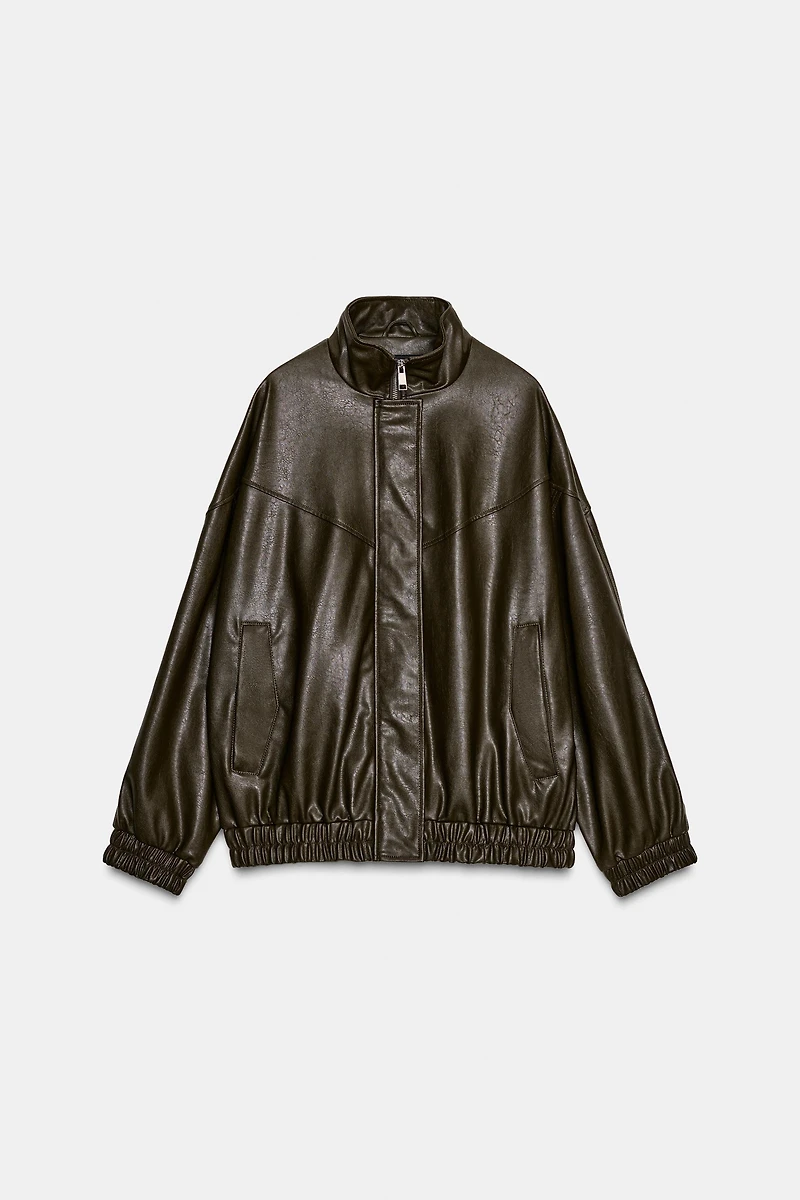 FAUX LEATHER HIGH COLLAR BOMBER JACKET