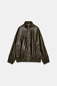 FAUX LEATHER HIGH COLLAR BOMBER JACKET
