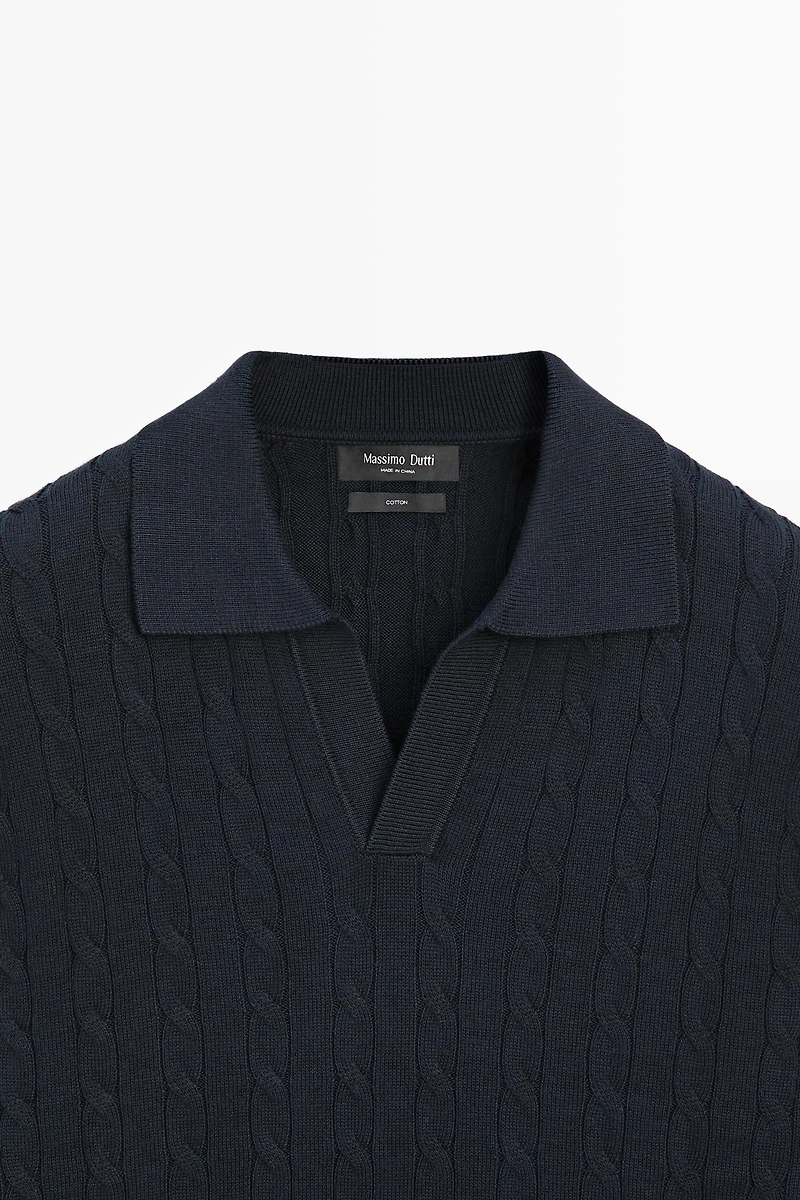 Pull polo en maille tressée 100 % coton