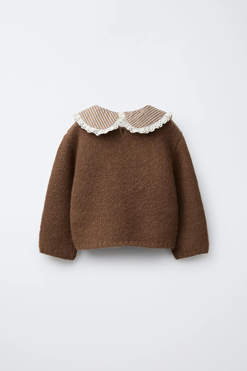 STRIPED COLLAR AND FLOWERS KNIT SWEATER