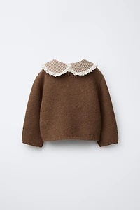 STRIPED COLLAR AND FLOWERS KNIT SWEATER